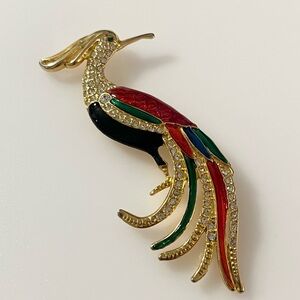 Vintage Bird Of Paradise Rhinestone Enamel Gold Tone Pin Brooch